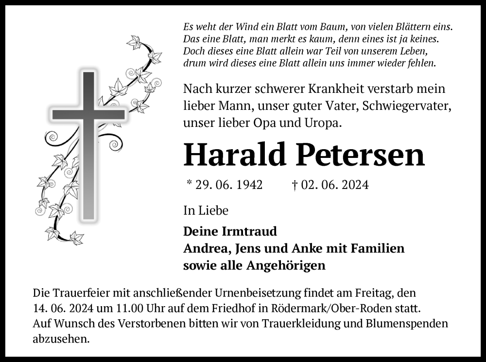  Traueranzeige für Harald Petersen vom 08.06.2024 aus OF