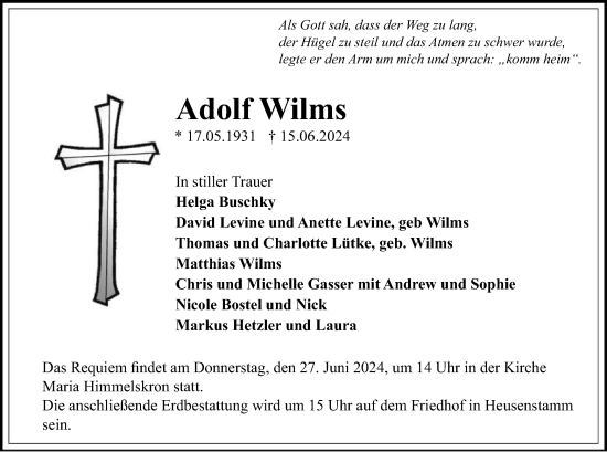 Traueranzeige von Adolf Wilms von OF