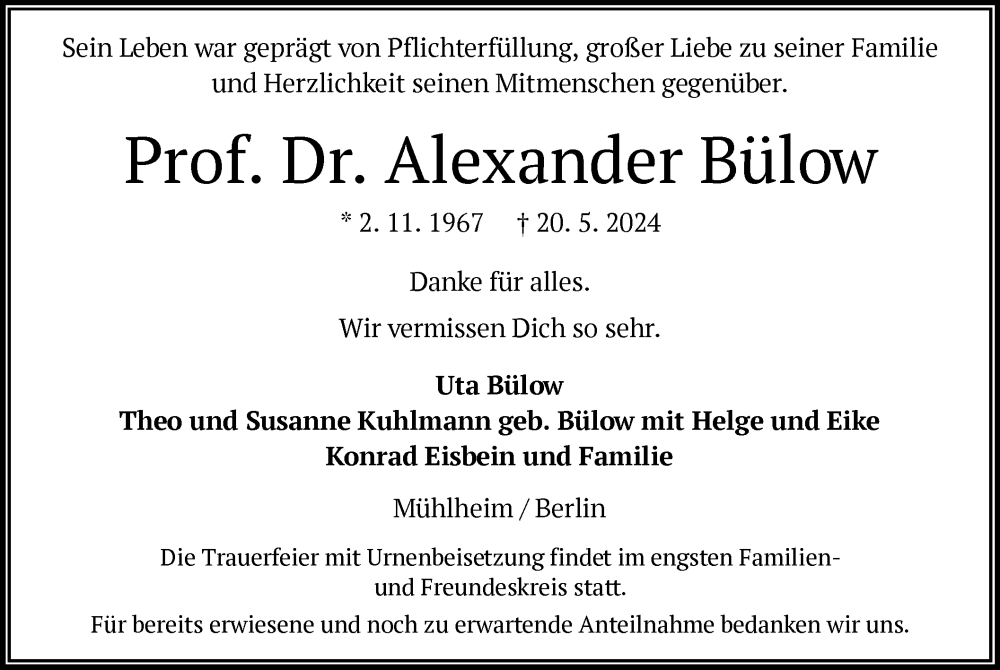  Traueranzeige für Alexander Bülow vom 08.06.2024 aus OF