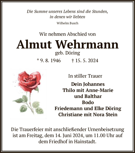 Traueranzeige von Almut Wehrmann von OF