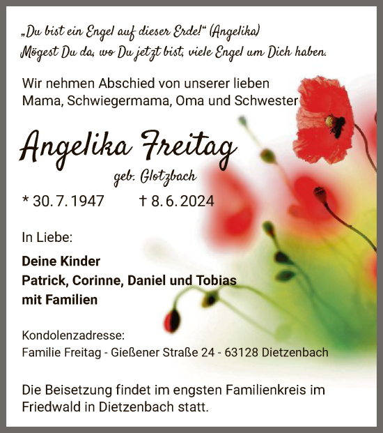 Traueranzeige von Angelika Freitag von OF