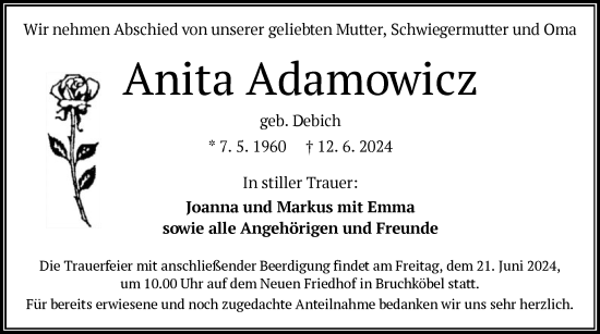 Traueranzeige von Anita Adamowicz von OF