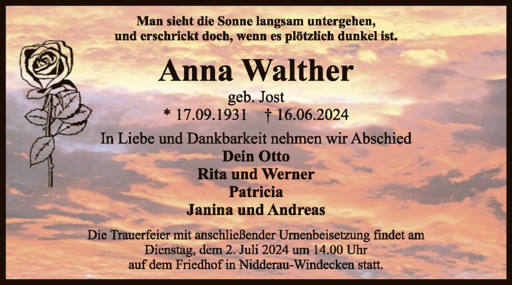  Traueranzeige für Anna Walther vom 22.06.2024 aus OF