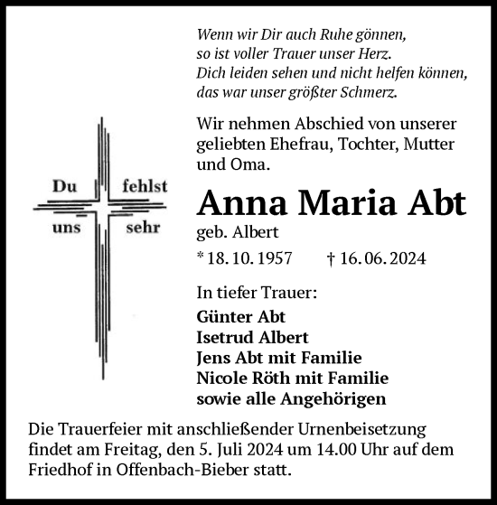 Traueranzeige von Anna Maria Abt von OF