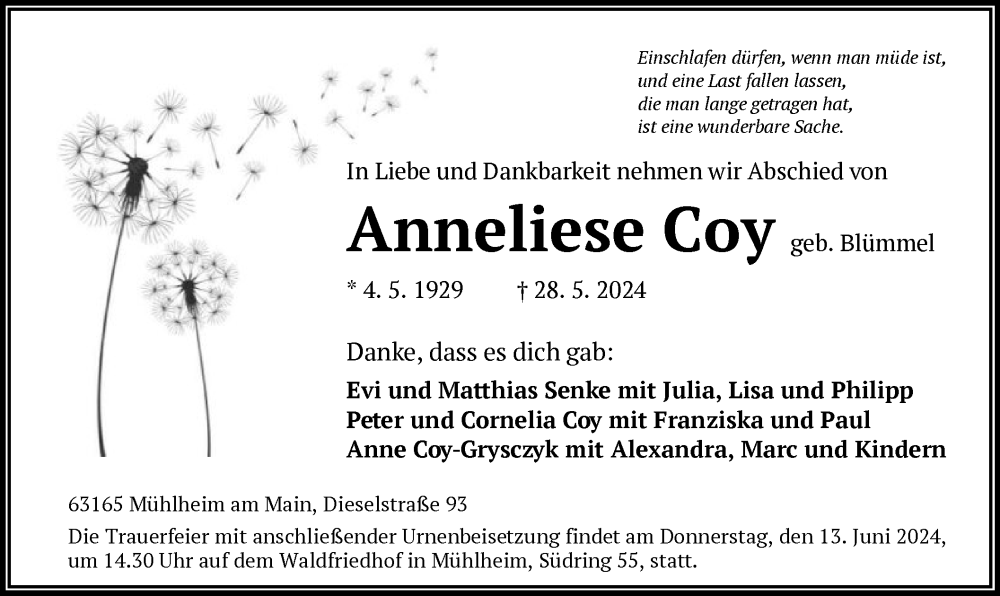  Traueranzeige für Anneliese Coy vom 08.06.2024 aus OF