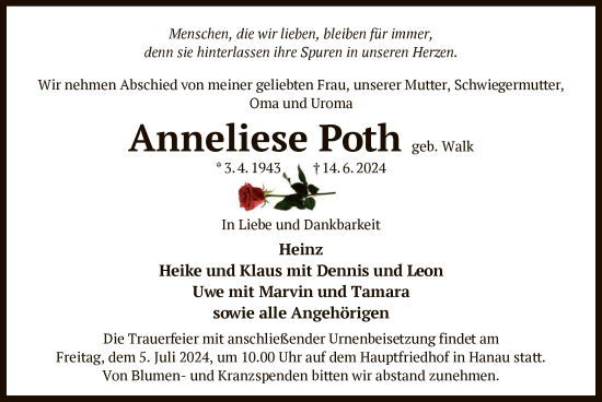 Traueranzeige von Anneliese Poth von OF