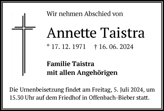 Traueranzeige von Annette Taistra von OF