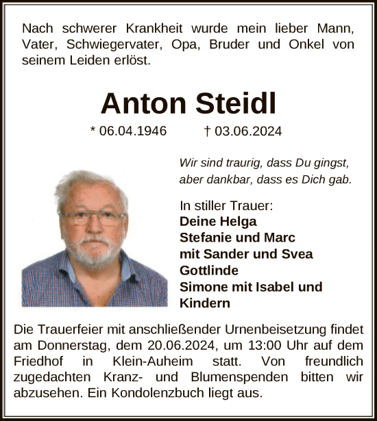 Traueranzeige von Anton Steidl von OF