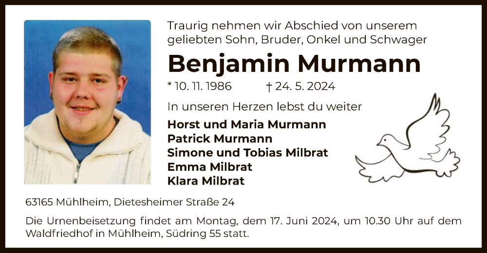  Traueranzeige für Benjamin Murmann vom 08.06.2024 aus OF