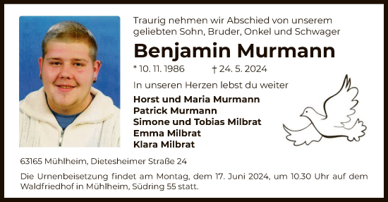 Traueranzeige von Benjamin Murmann von OF