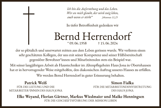 Traueranzeige von Bernd Herrendorf von OF