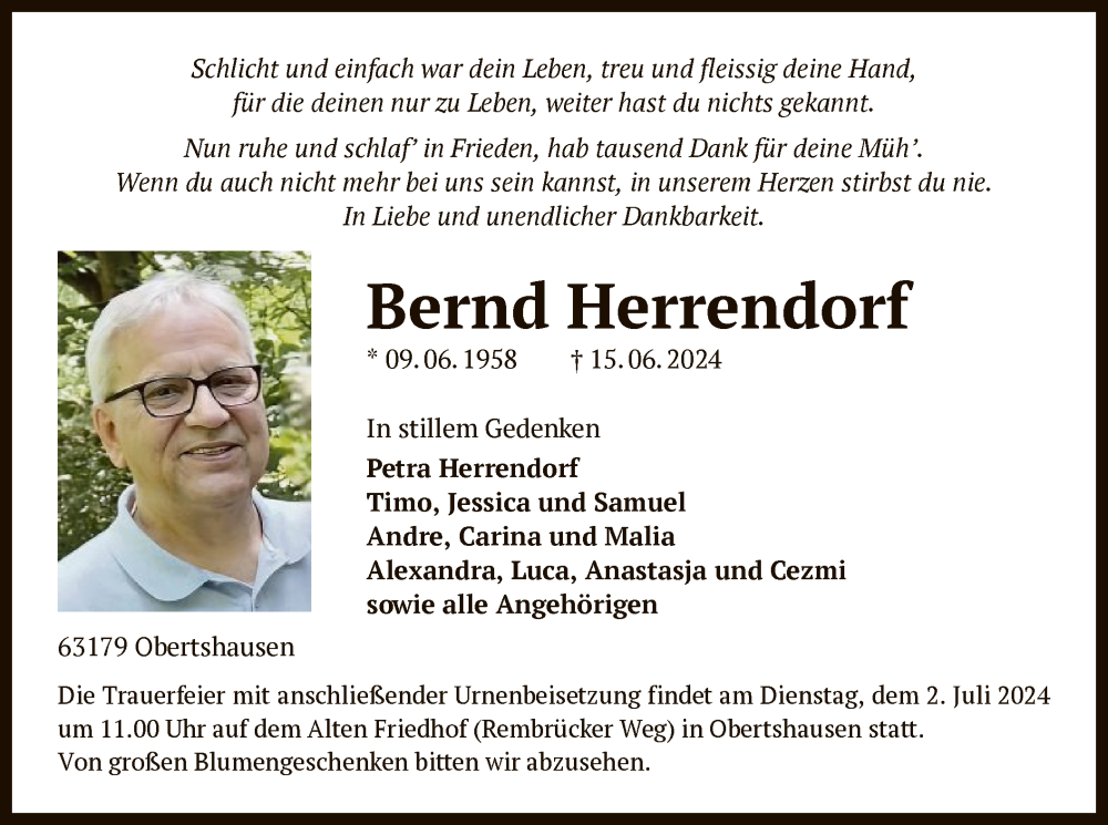  Traueranzeige für Bernd Herrendorf vom 29.06.2024 aus OF