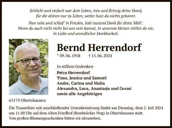 Traueranzeige von Bernd Herrendorf von OF