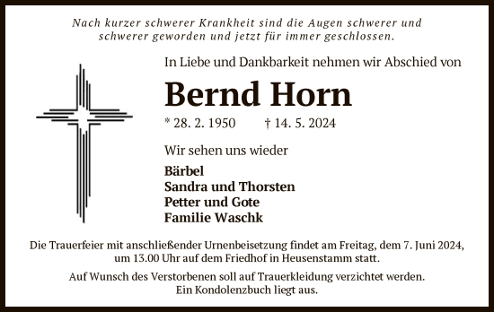 Traueranzeige von Bernd Horn von OF