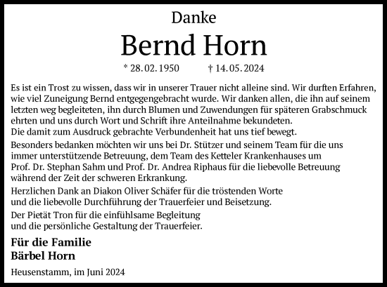 Traueranzeige von Bernd Horn von OF