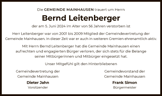 Traueranzeige von Bernd Leitenberger von OF