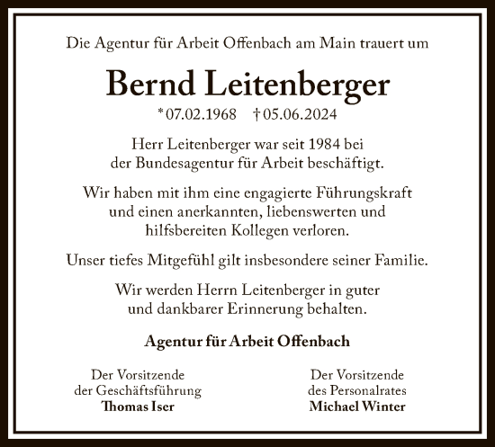 Traueranzeige von Bernd Leitenberger von OF