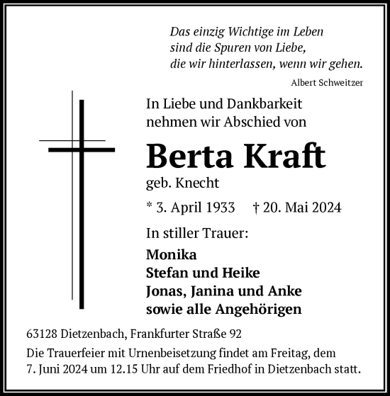 Traueranzeige von Berta Kraft von OF