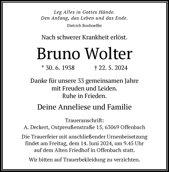 Traueranzeige von Bruno Wolter von OF