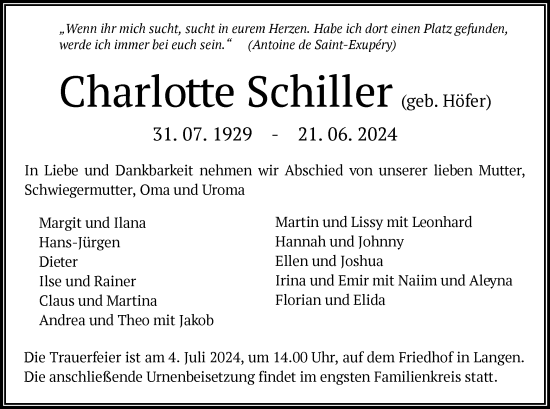 Traueranzeige von Charlotte Schiller von OF