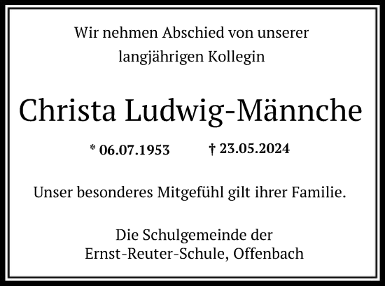 Traueranzeige von Christa Ludwig-Männche von OF