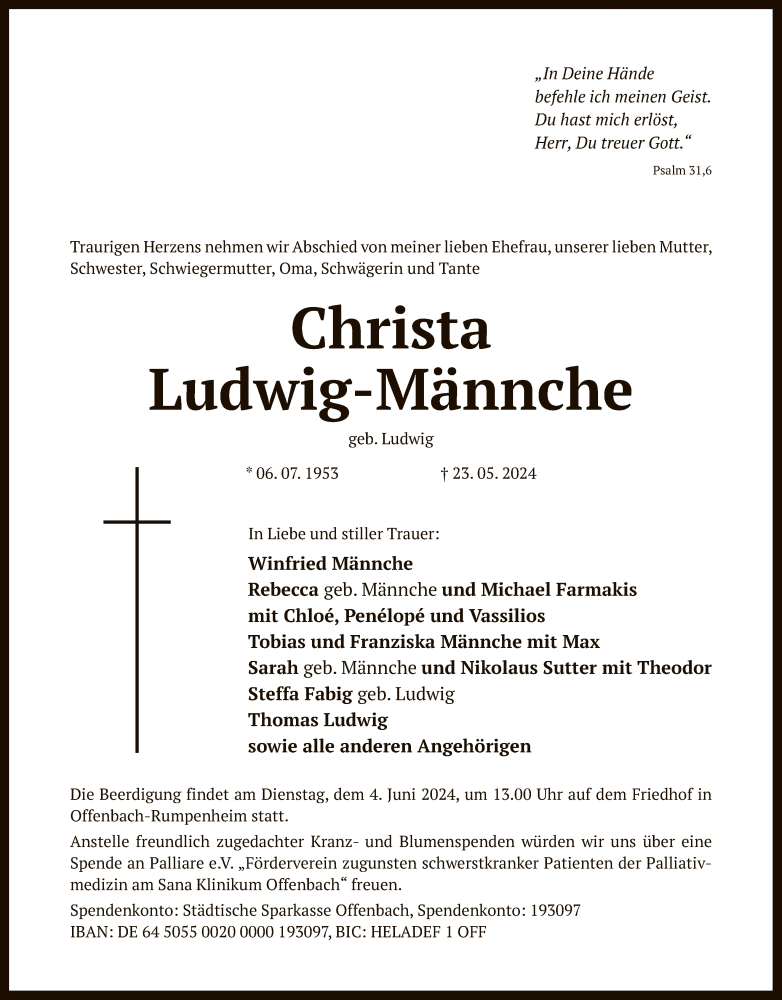  Traueranzeige für Christa Ludwig-Männche vom 01.06.2024 aus OF