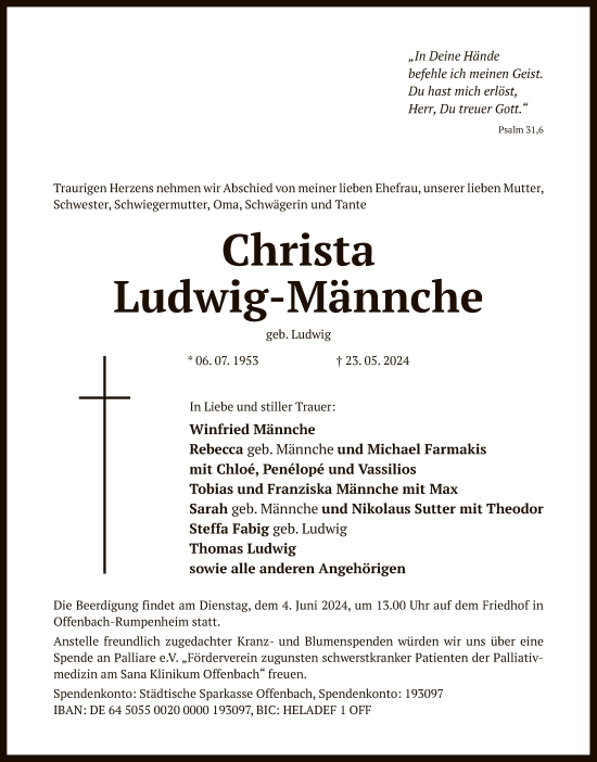 Traueranzeige von Christa Ludwig-Männche von OF