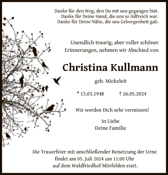 Traueranzeige von Christina Kullmann von OF