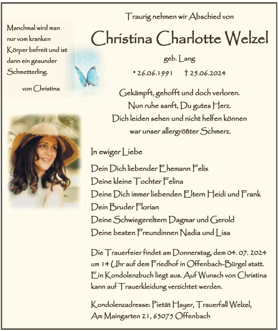 Traueranzeige von Christina Charlotte Welzel von OF