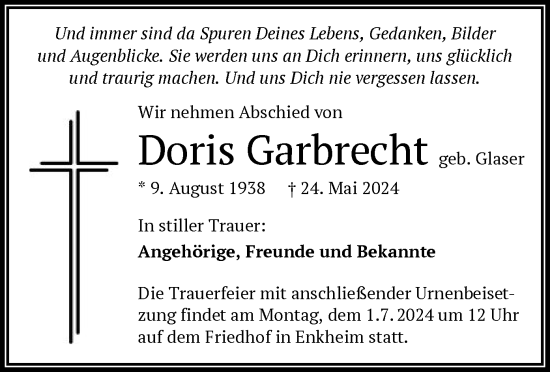 Traueranzeige von Doris Garbrecht von OF