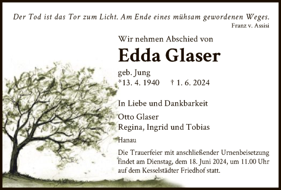 Traueranzeige von Edda Glaser von OF