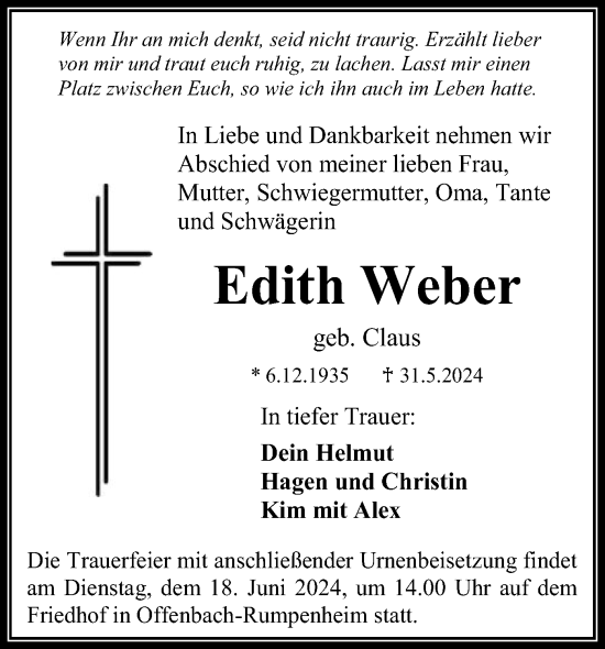 Traueranzeige von Edith Weber von OF