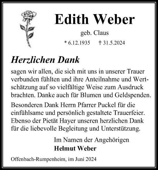 Traueranzeige von Edith Weber von OF