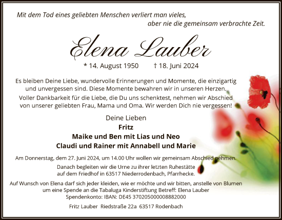 Traueranzeige von Elena Lauber von OF