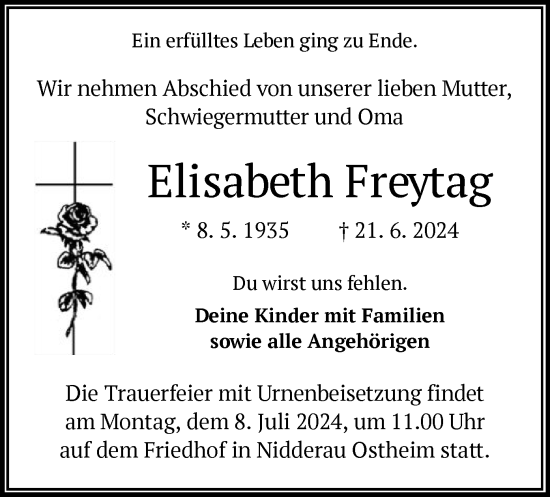 Traueranzeige von Elisabeth Freytag von OF