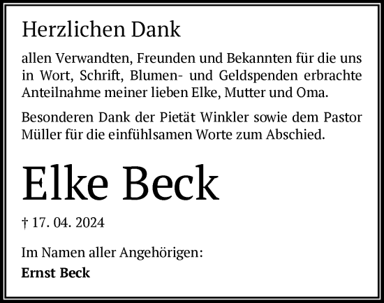 Traueranzeige von Elke Beck von OF