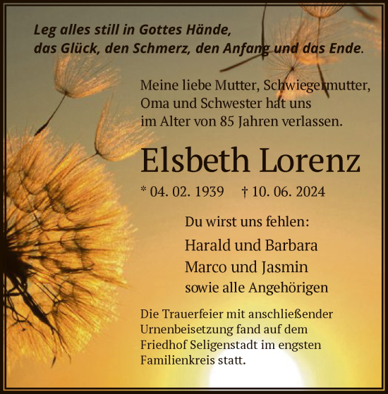 Traueranzeige von Elsbeth Lorenz von OF