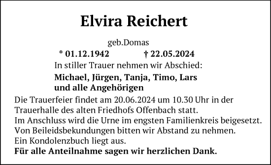 Traueranzeige von Elvira Reichert von OF