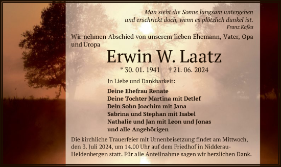 Traueranzeige von Erwin W. Laatz von OF