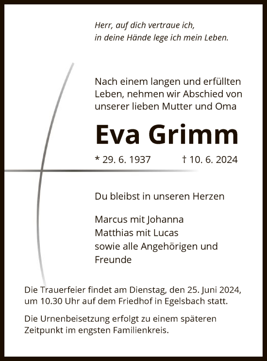 Traueranzeige von Eva Grimm von OF