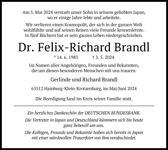 Traueranzeige von Felix-Richard Brandl von OF