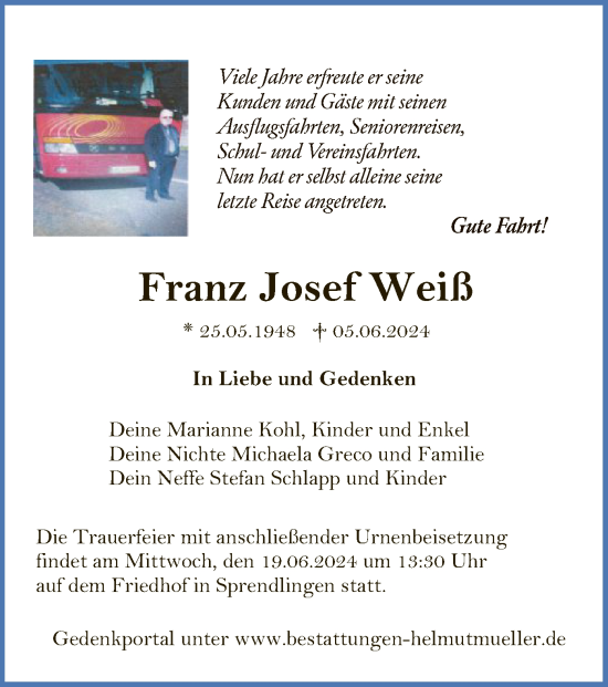 Traueranzeige von Franz Josef Wolf von OF