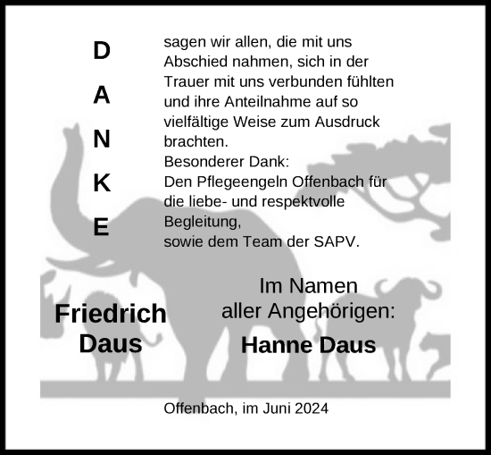 Traueranzeige von Friedrich Daus von OF