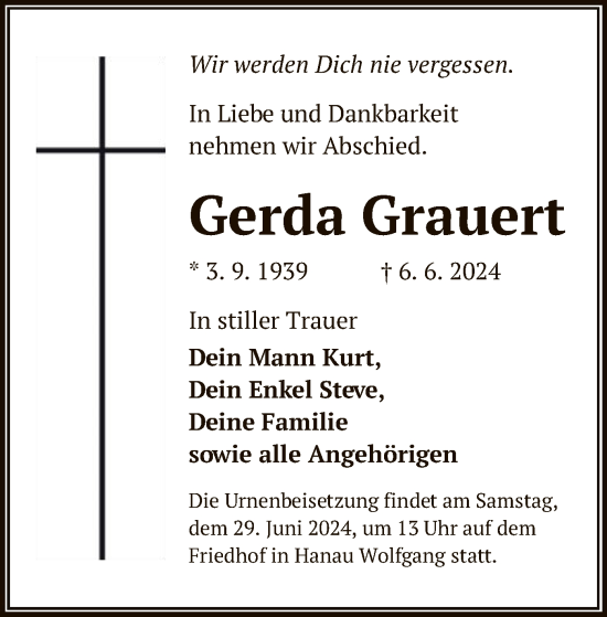 Traueranzeige von Gerda Grauert von OF