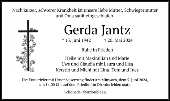 Traueranzeige von Gerda Jantz von OF