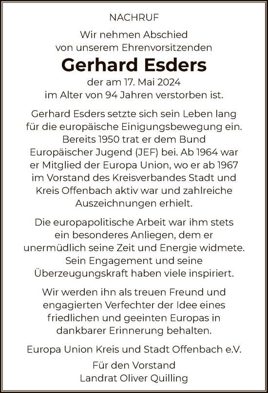 Traueranzeige von Gerhard Esders von OF