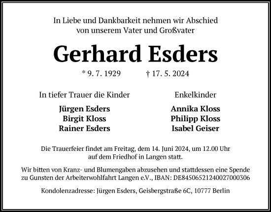 Traueranzeige von Gerhard Esders von OF