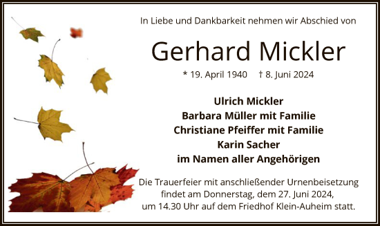 Traueranzeige von Gerhard Mickler von OF