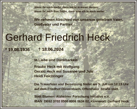 Traueranzeige von Gerhard Friedrich Heck von OF