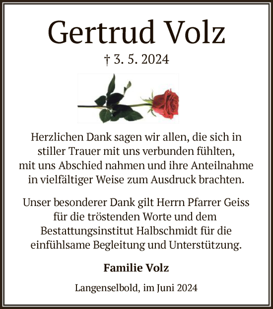 Traueranzeige von Gertrud Volz von OF